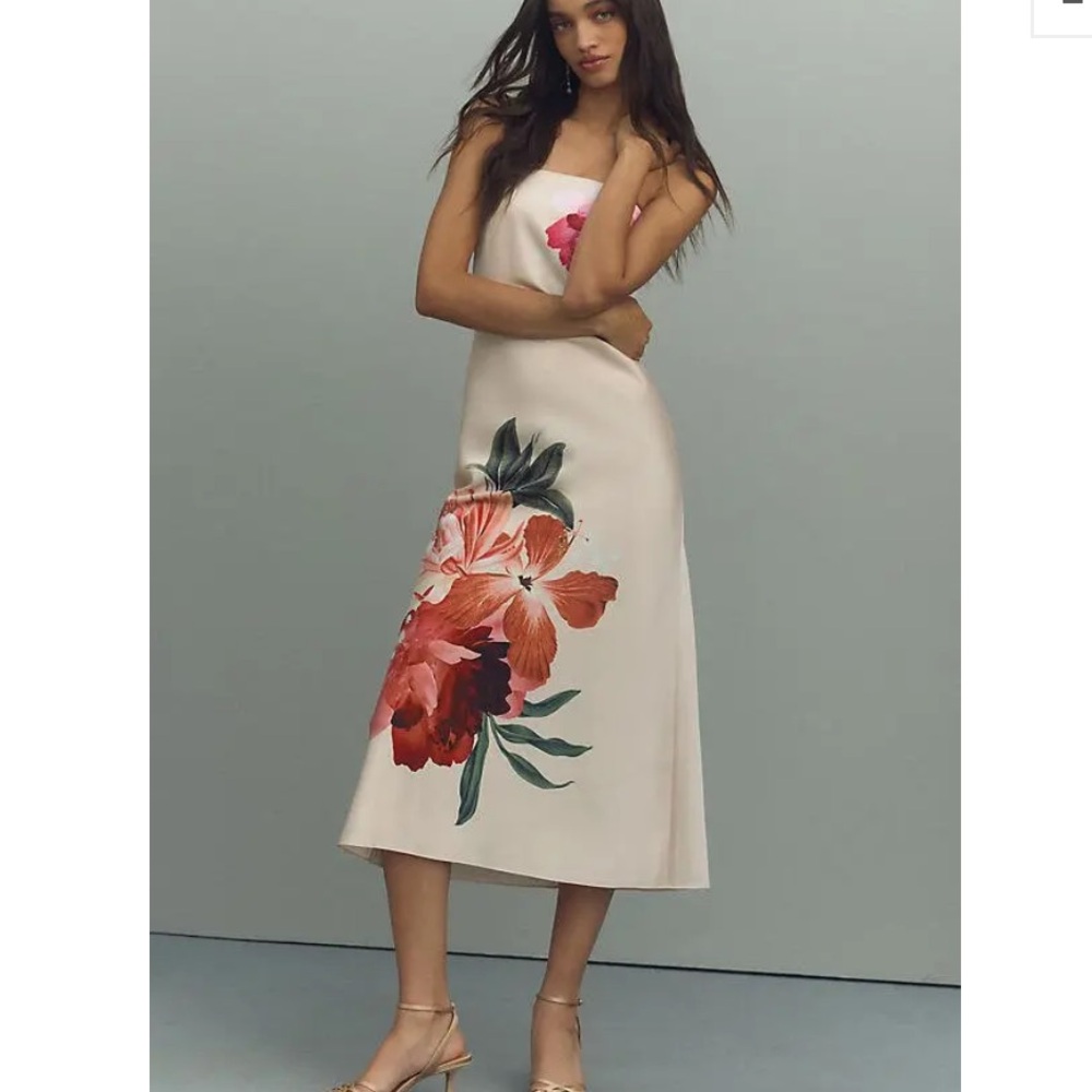 Anthropologie BHLDN Lyla Strapless Side-Slit Satin Midi Dress Size 8